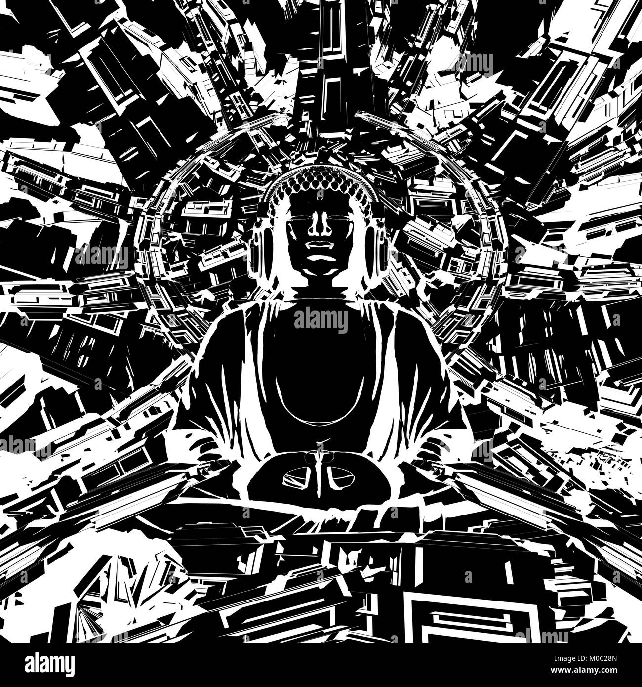 Technical Buddha concept / 3D illustration of cartoon style meditating Buddha wearing headphones inside futuristic reactor Stock Photo