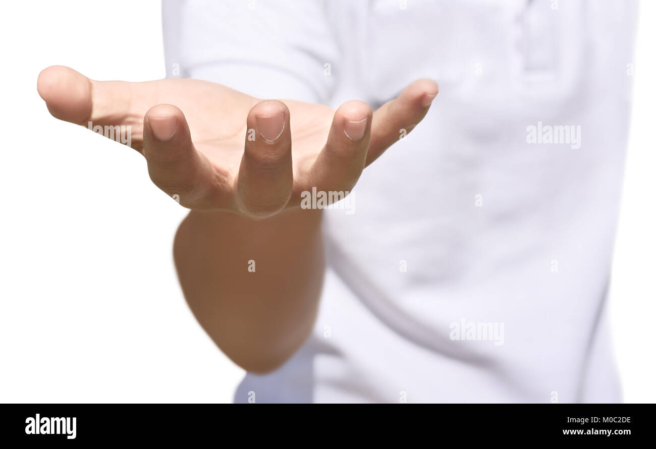 People hand with open palm posing isolated over white background Stock Photo