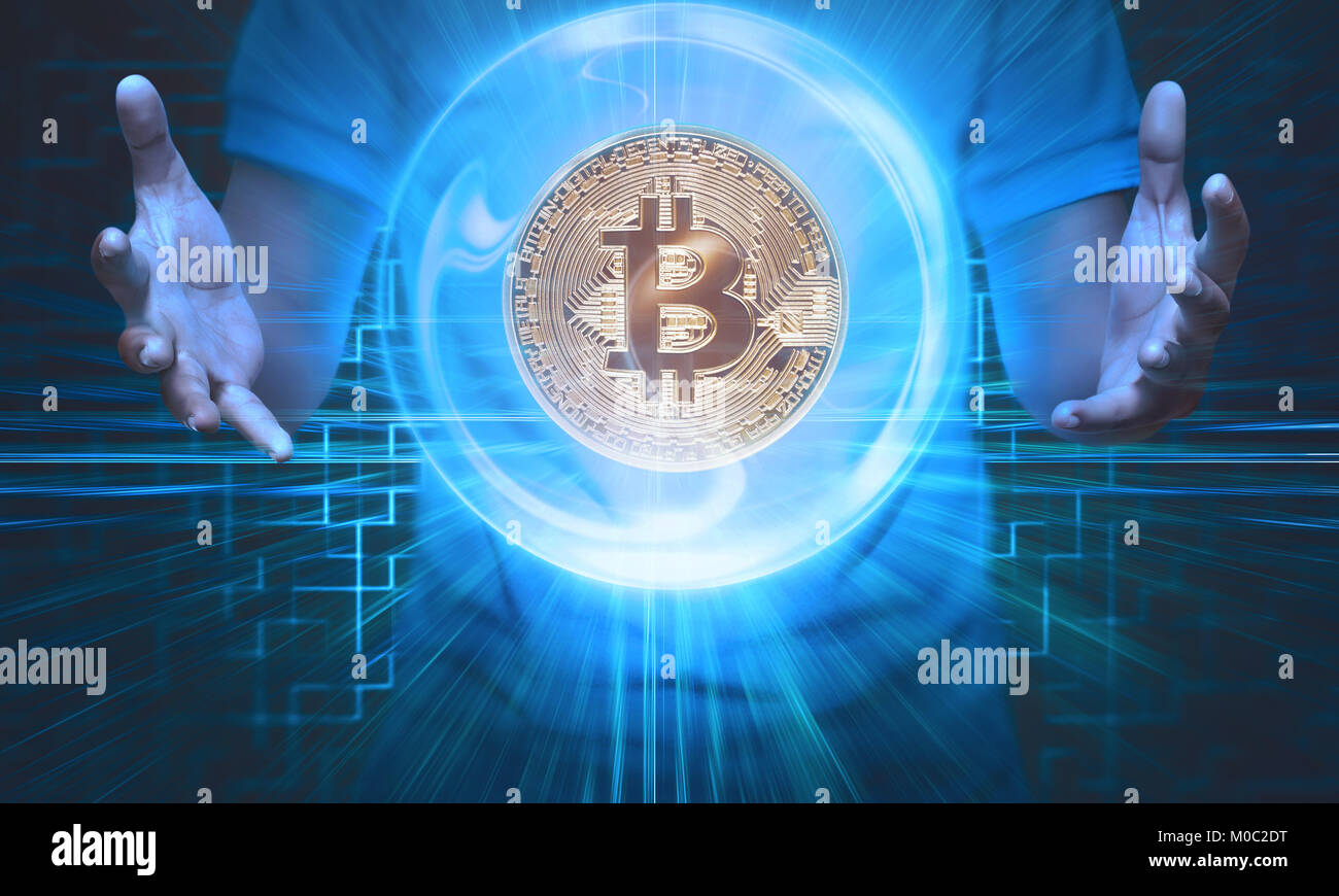 People hands holding golden bitcoin on virtual sphere with digital ...