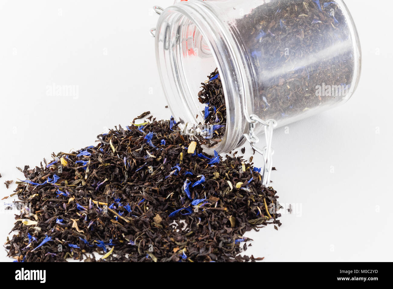 Tea leaf fresh tea leaves in glass jar isolated on white background