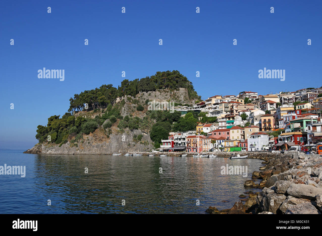 colorful buildings and castle Parga Greece Stock Photo