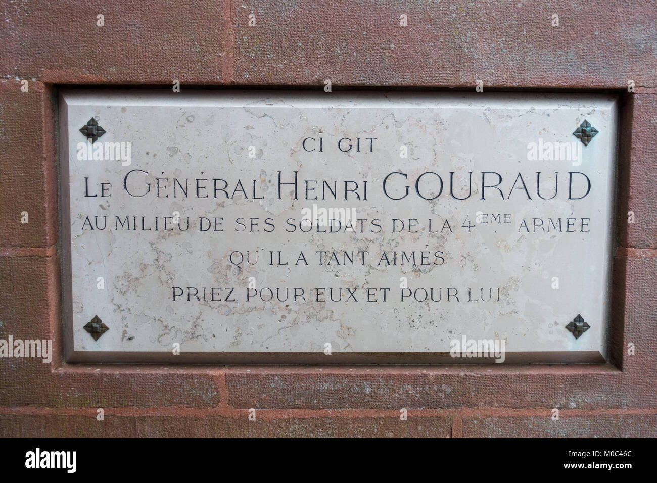 Marble slab remembering General Henri Gouraud, as found on the Monument Ossuaire de Navarin Stock Photo