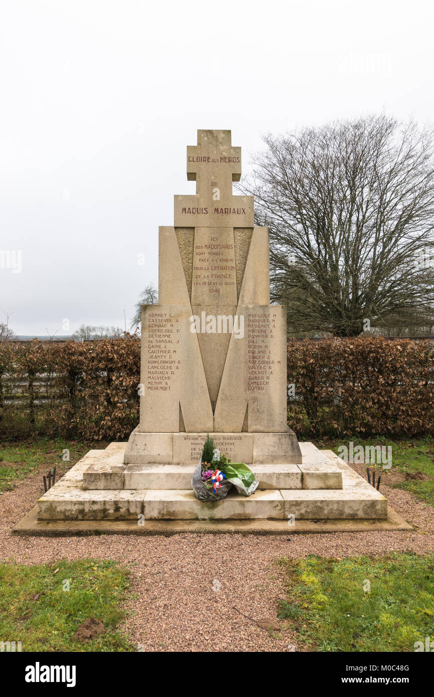 Monument 'Maquis Mariaux' remembering World War II in Moussy, Nievre, Bourgogne, France Stock Photo