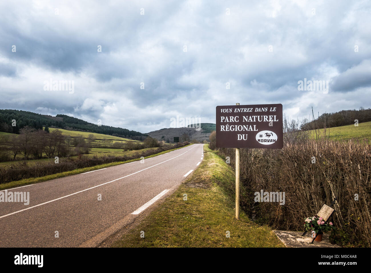 Sign at the entrance of the 'Parc Naturel Regional du Morvan' along the D980 in Bourgogne, France Stock Photo