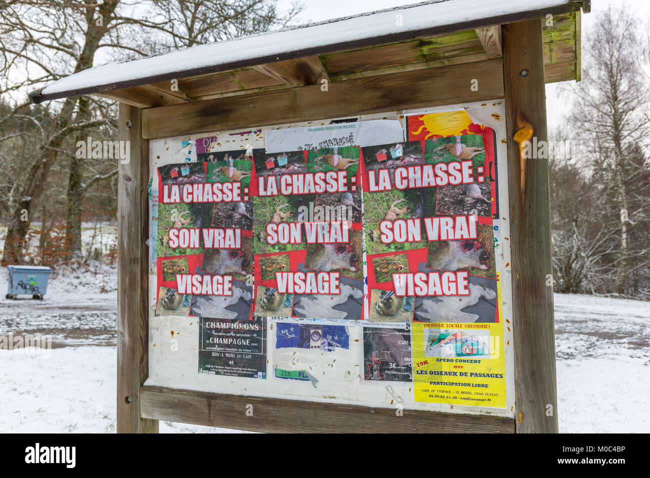 Posters protesting against hunting (la chasse) in France stating: 'Hunting: its real face' Stock Photo