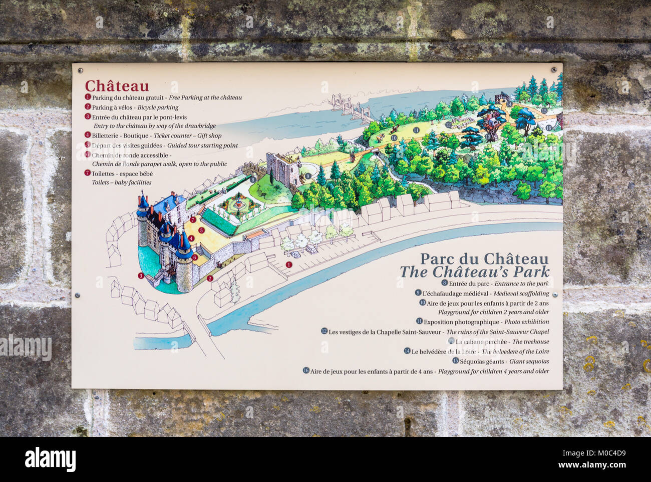 Information display at Château de Langeais displaying a map and description of the castle Stock Photo