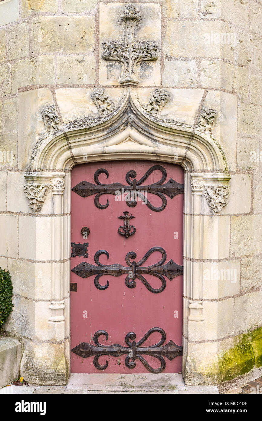 Close up of a red door at Château de Langeais, Indre-et-Loire, France Stock Photo