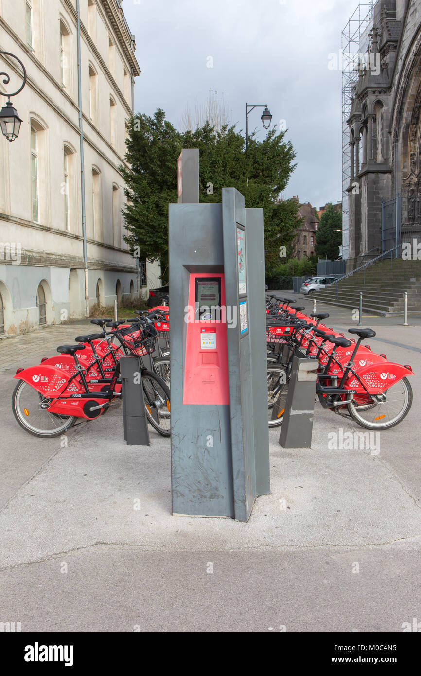 Rental bikes at a bike rental station in Lille, France Stock Photo