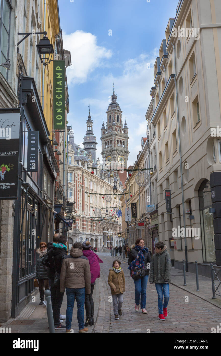 View on the bell tower or belfry of the Chamber of Commerce in as seen from Rue Lepelletier in Lille, France Stock Photo