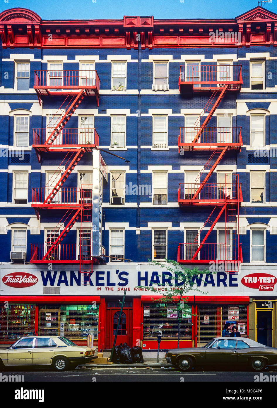 May 1982, New York, Wankel's hardware store, fire escape stairs, Yorkville, Upper East Side Manhattan, New york City, NY, NYC, USA, Stock Photo