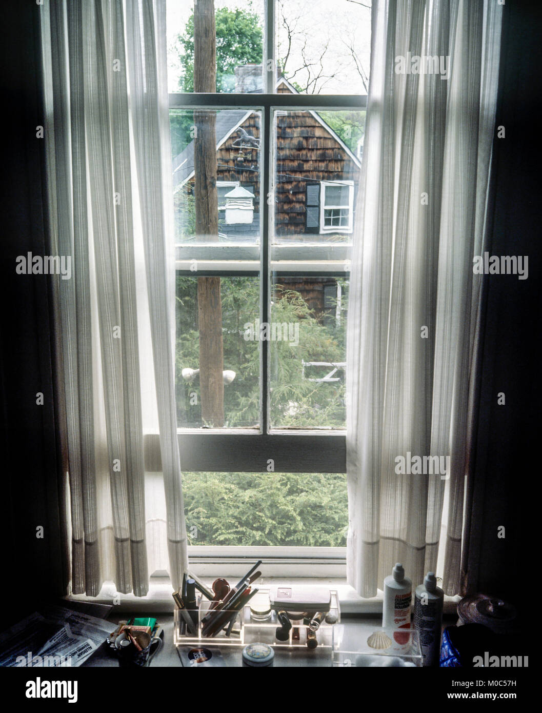 May 1982, sash window with curtains, view on garden, neighbour house