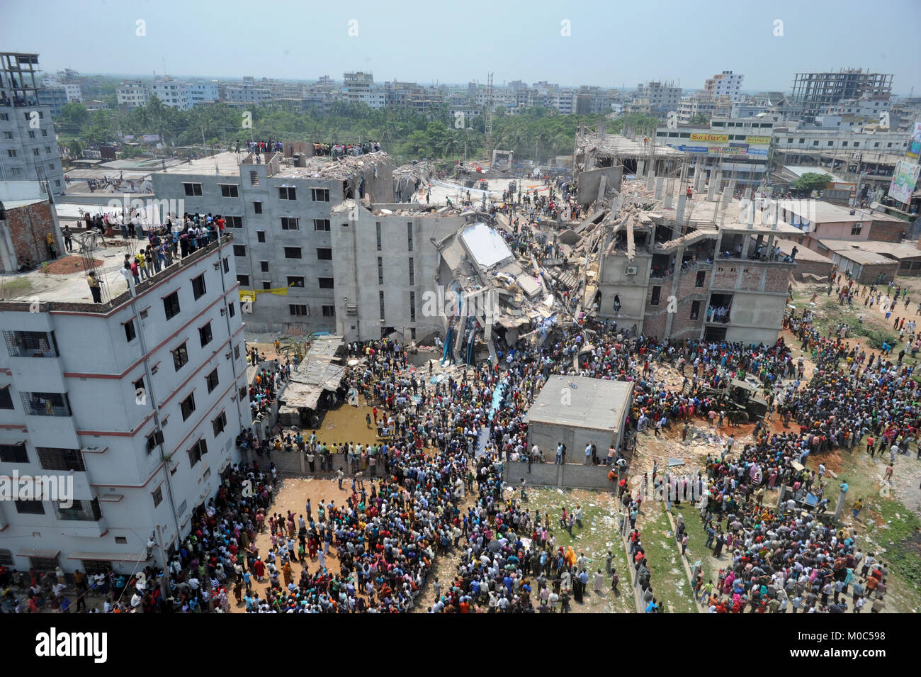 Savar Building DHAKA, BANGLADESH – APRIL 24, 2013: A top view of Rana plaza building ...