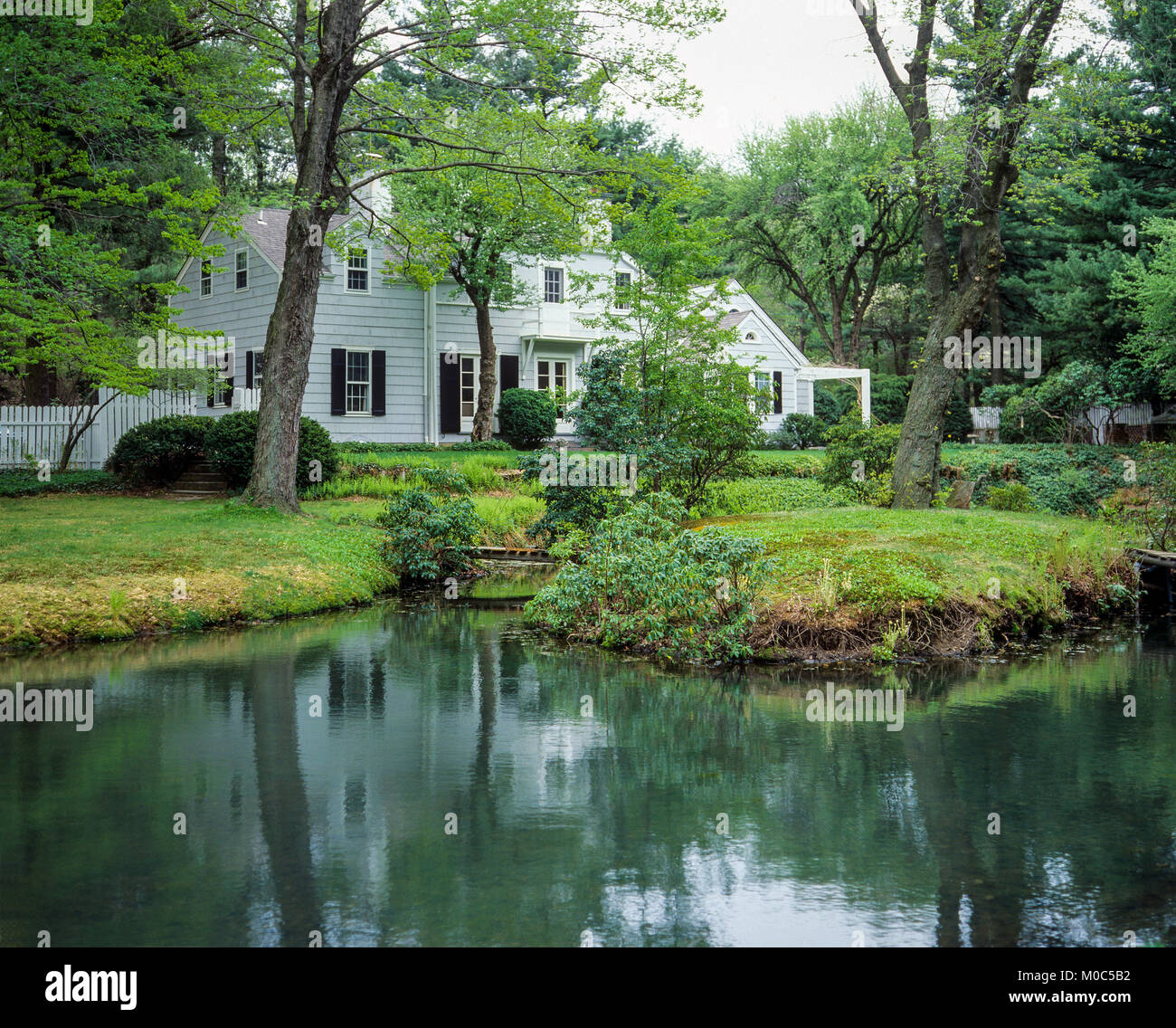 May 1982, pond, large white wooden detached house, park, spring, Long