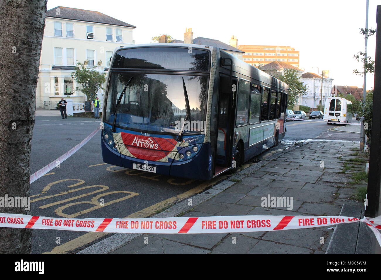 AN ALEXANDER DENNIS ADL ENVIRO 200 BUS BURNT OUT AFTER A FIRE IN THE ENGINE COMPARTMENT Stock Photo