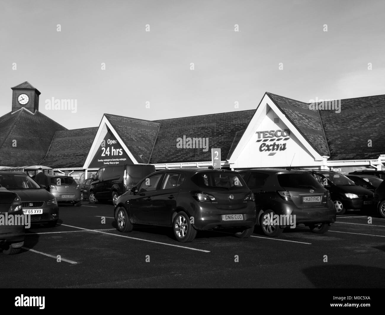 The Bourne Centre, Southampton Road, Salisbury, Wiltshire, England - December 12, 2017: Tesco Extra supermarket store, company founded by Jack Cohen Stock Photo