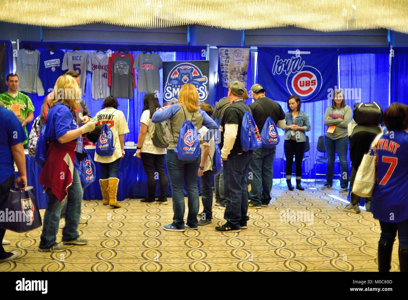 Fans attending the annual Chicago Cubs Convention visiting the booths