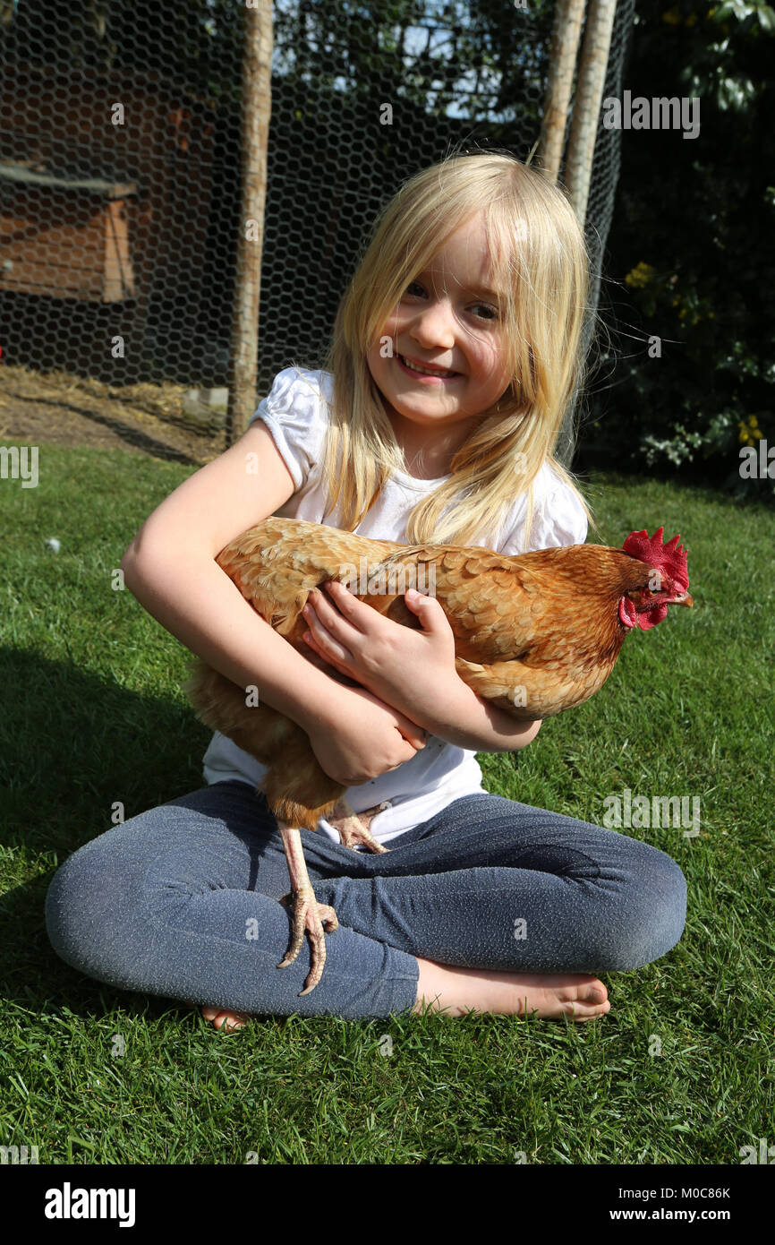 chicken in the arms of a 6 year old smiling girl in her backyard Stock Photo