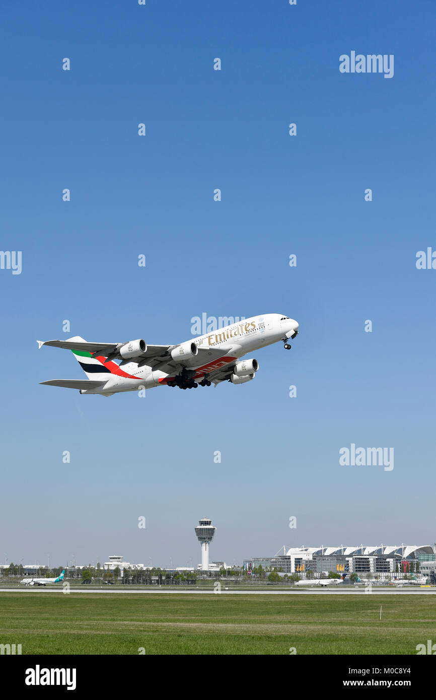 Emirates, Airbus, A380-800, A380, 800, Airplane, Aircraft, Plane, Munich Airport Stock Photo