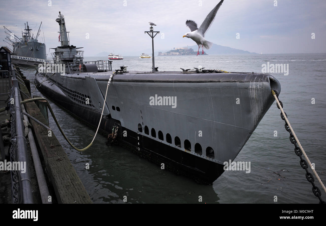 USS Pampanito WWII submarine berthed in San Francisco's Fisherman's Wharf. Stock Photo