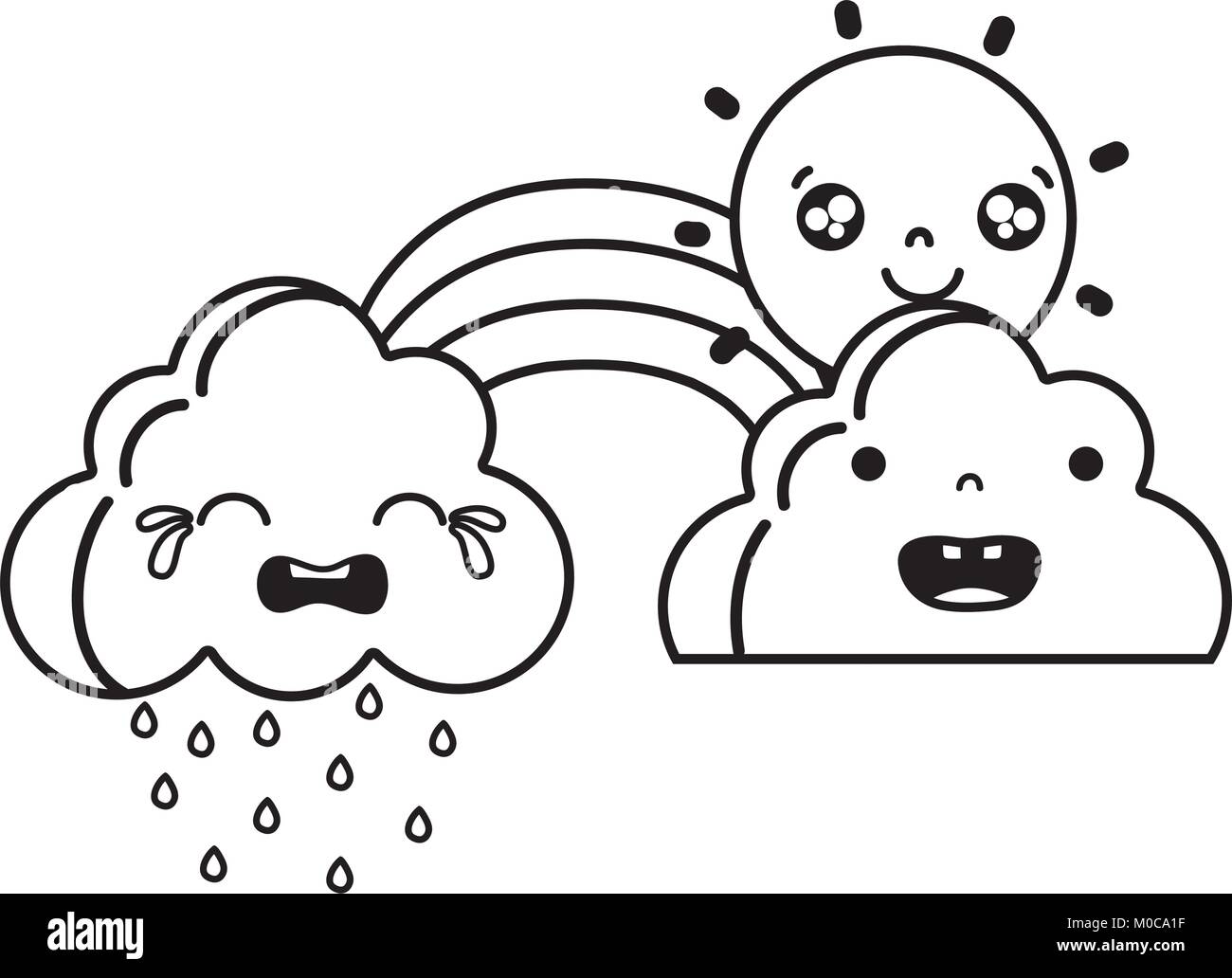 line cute natural weather clouds with sun and rainbow kawaii Stock ...