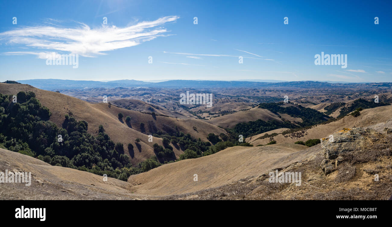 Golden grass covered hills, East Bay, San Ramon, Danville, Walnut Creek from Morgan Territory Regional Preserve, Contra Costa County, California Stock Photo