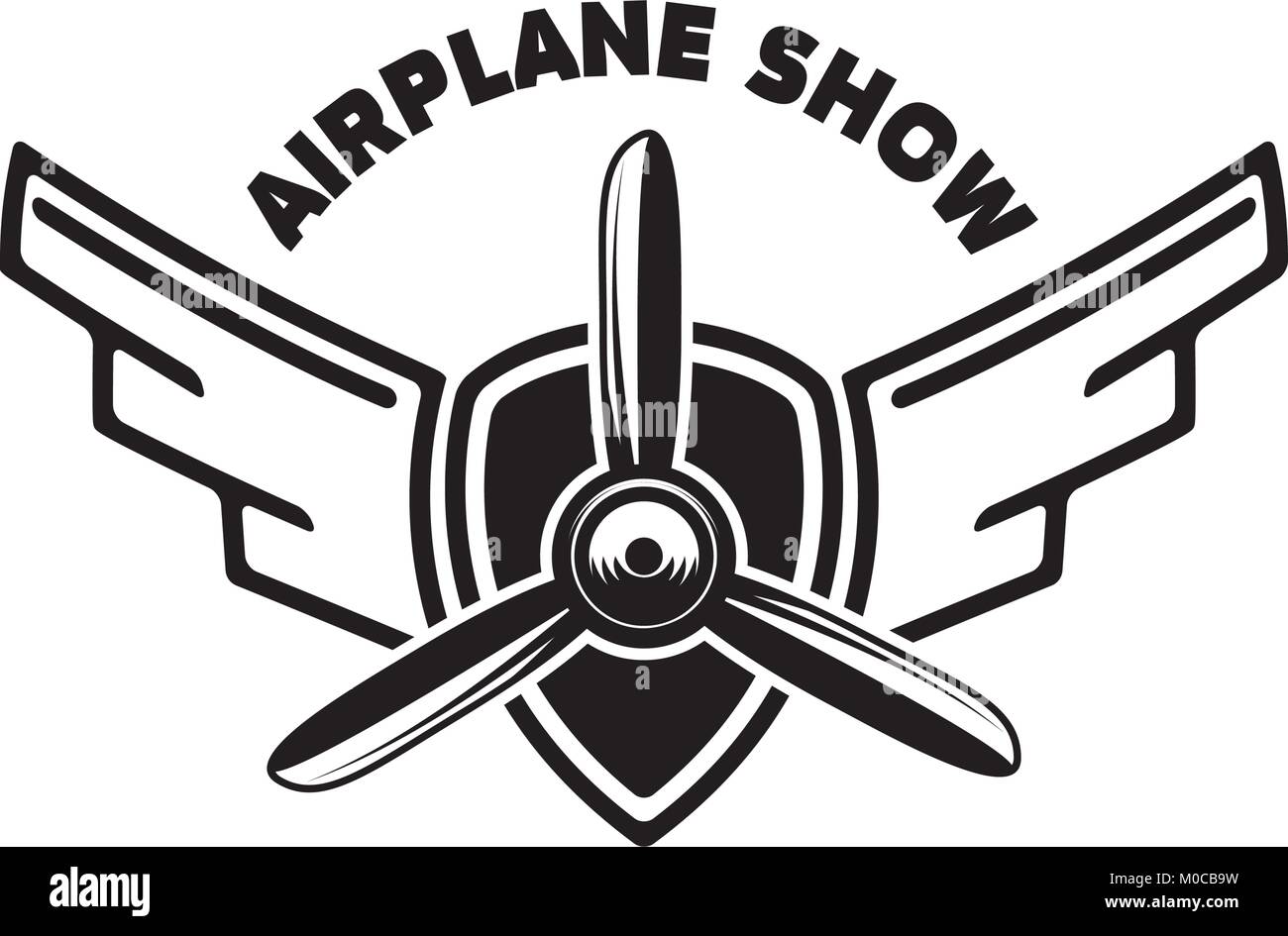 Airplane show. Retro airplane propeller on winged emblem. Design element for logo, label, emblem, sign. Vector illustration Stock Vector