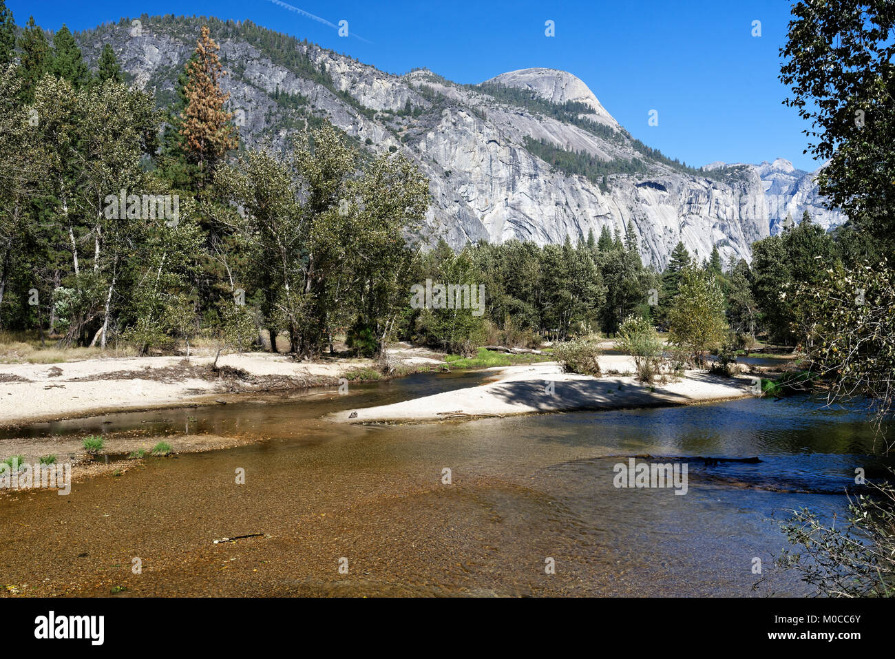River and granite peaks in Yosemite Valley Stock Photo