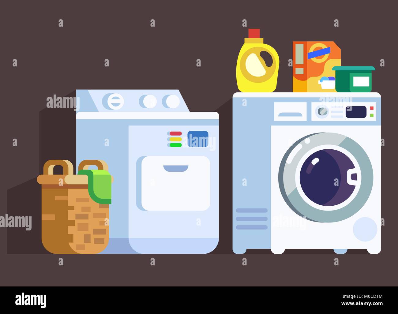 Washing Machines and Cleaners with Laundry Basket Flat Styled Device Set Stock Vector