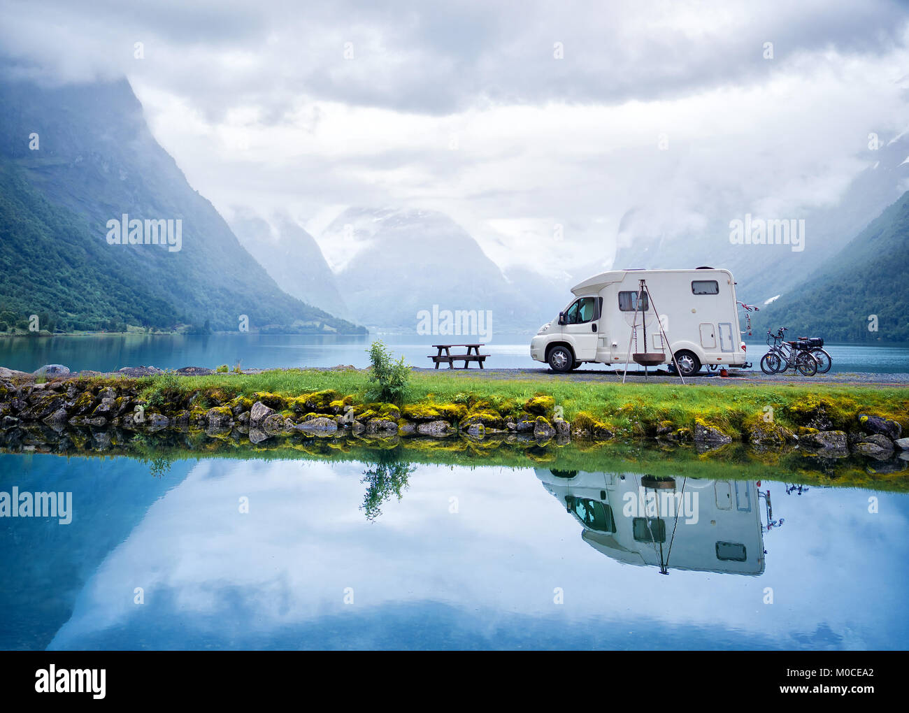 Family vacation travel RV, holiday trip in motorhome, Caravan car Vacation. Beautiful Nature Norway natural landscape. Stock Photo