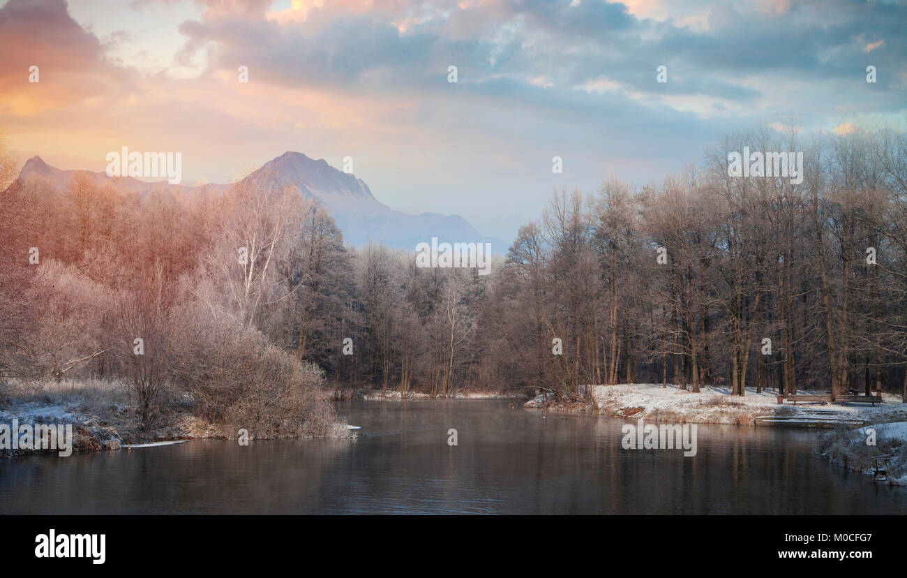 winter landscape. Forest in the background of mountains Stock Photo - Alamy