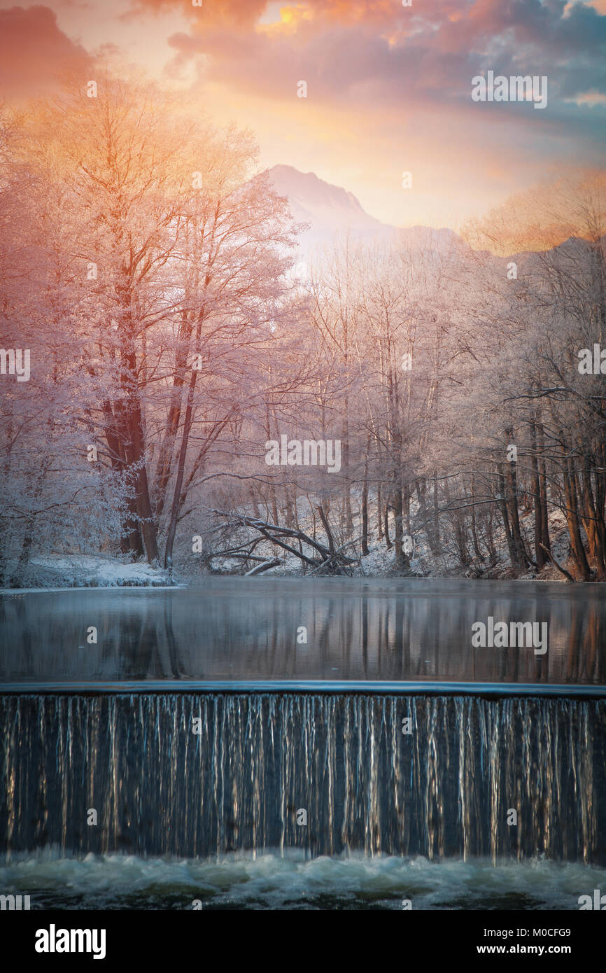 winter landscape. Forest in the background of mountains Stock Photo - Alamy