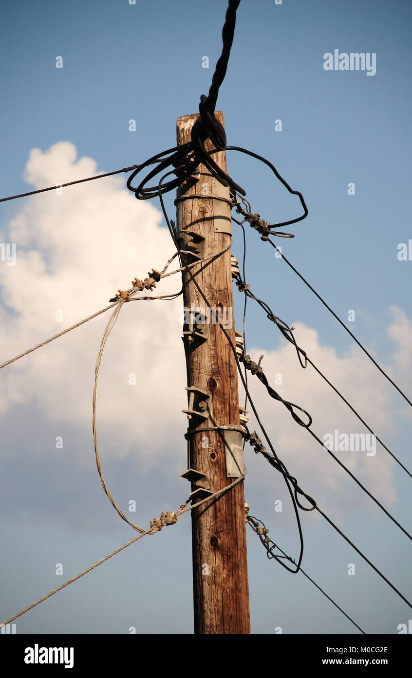 A wooden telegraph pole at Spartohori on the Greek island of Meganissi. Stock Photo
