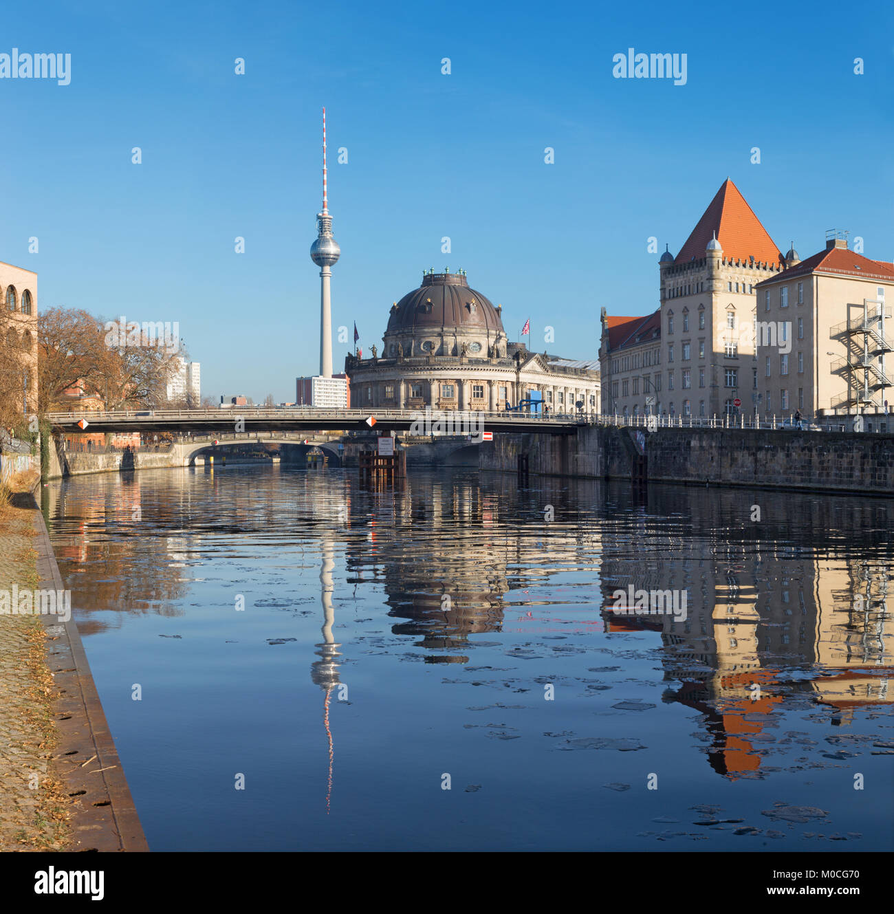 Berlin - The Bodenmuseum over the the Spree river and Frensehturm. Stock Photo