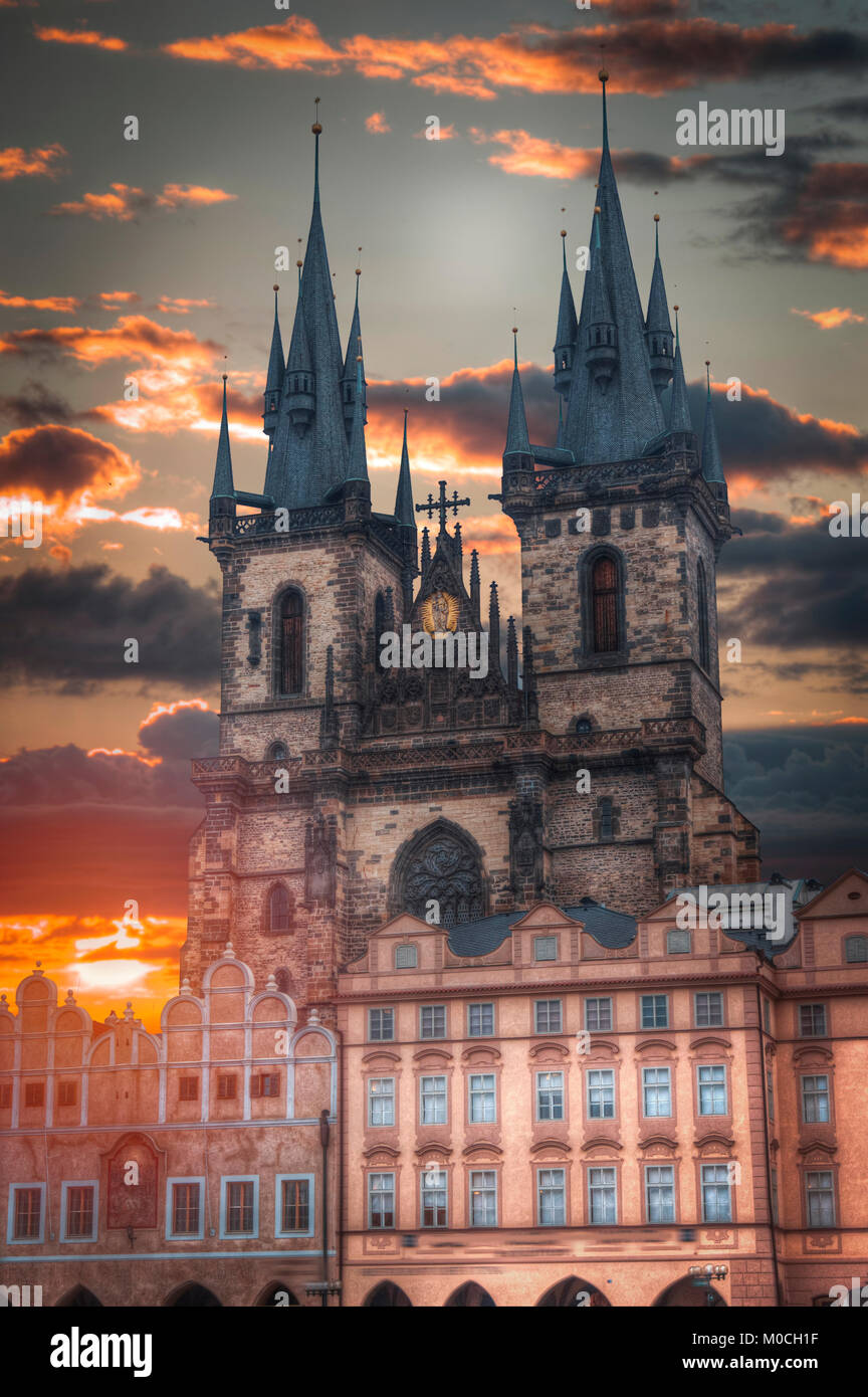 Prague Old town square, Tyn Cathedral. under sunlight. Stock Photo