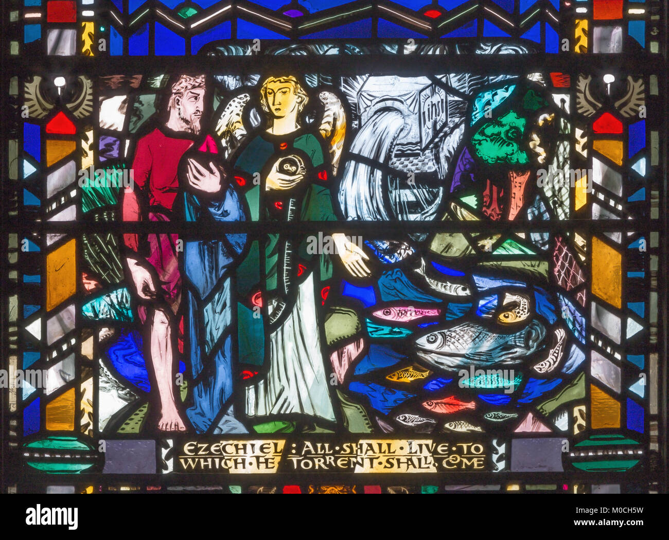 LONDON, GREAT BRITAIN - SEPTEMBER 16, 2017: The prophecy of Ezecheil over the River from the Temple on the stained glass in church St Etheldreda Stock Photo