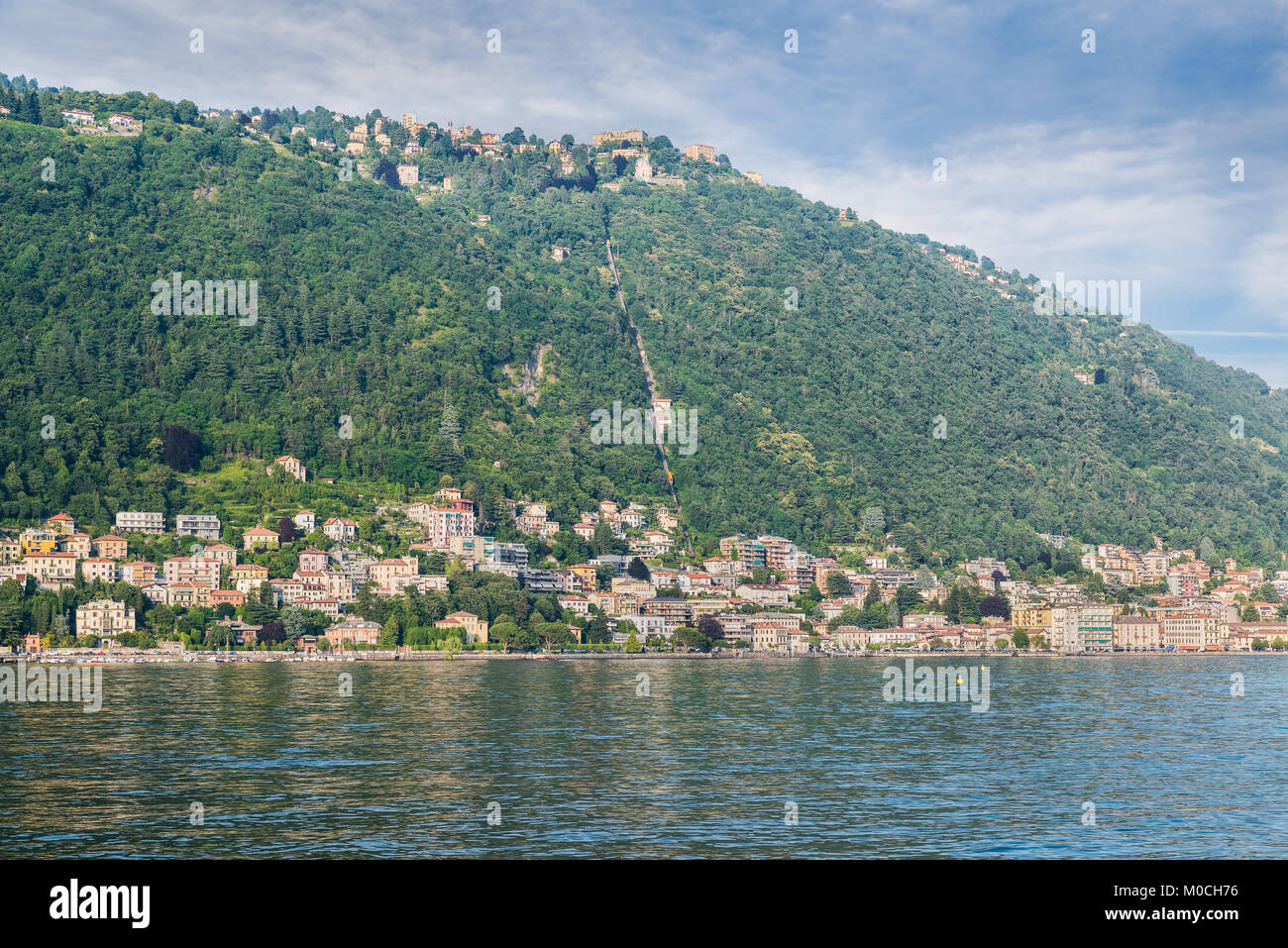 Como lake, Como city and Brunate village, northern Italy. View of Como city with in the middle the funicular that leads to Brunate Stock Photo
