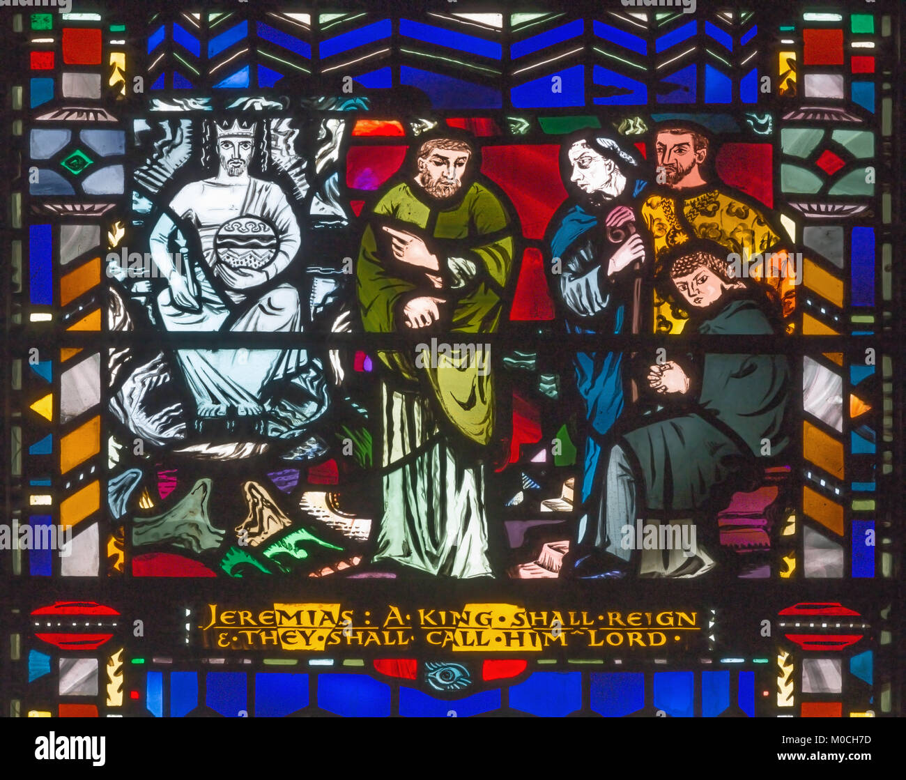 LONDON, GREAT BRITAIN - SEPTEMBER 16, 2017: The messianic prophecy of Jeremiah on the stained glass in church St Etheldreda by Charles Blakeman Stock Photo