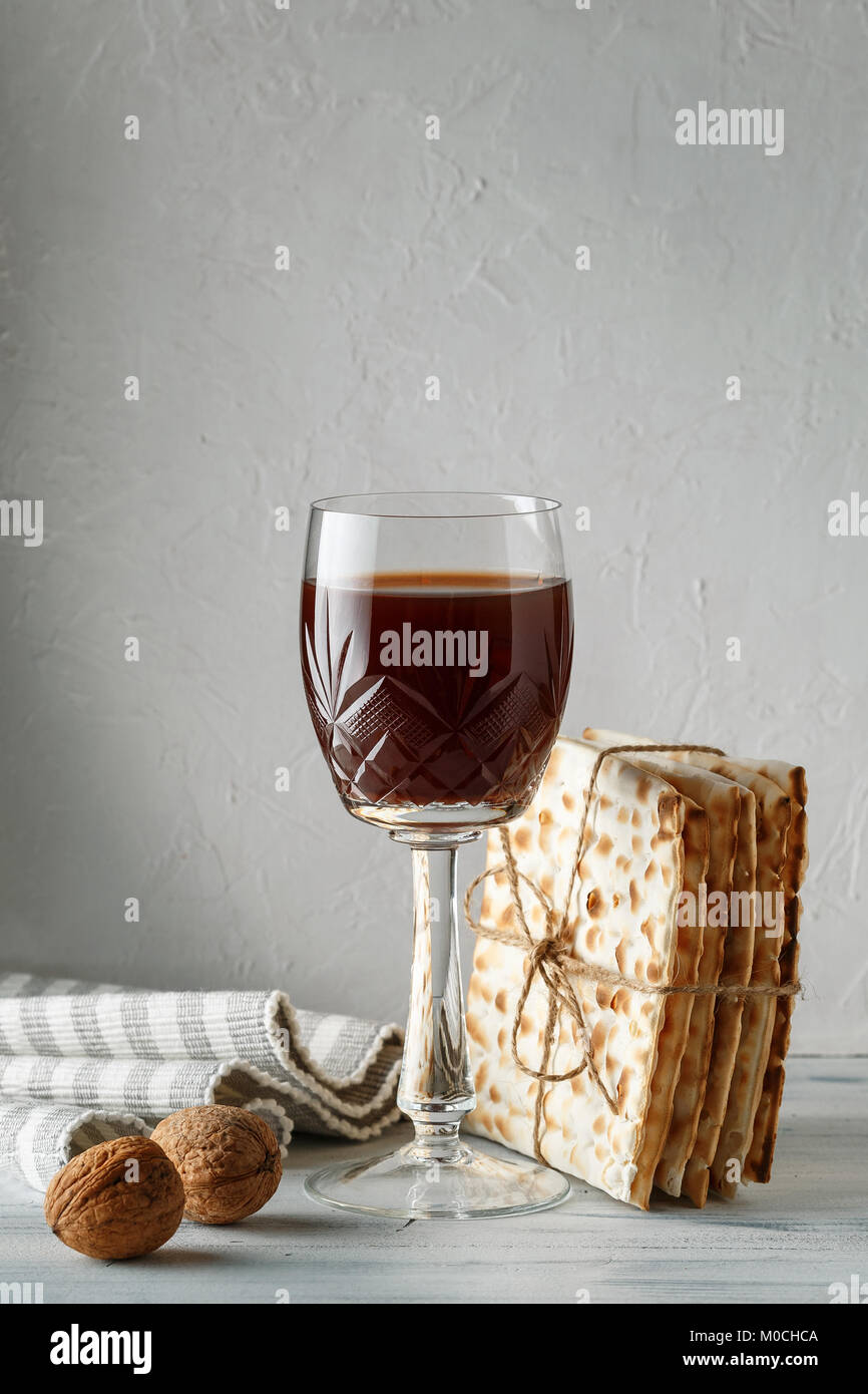 A Jewish Matzah bread with wine. Passover holiday concept Stock Photo ...