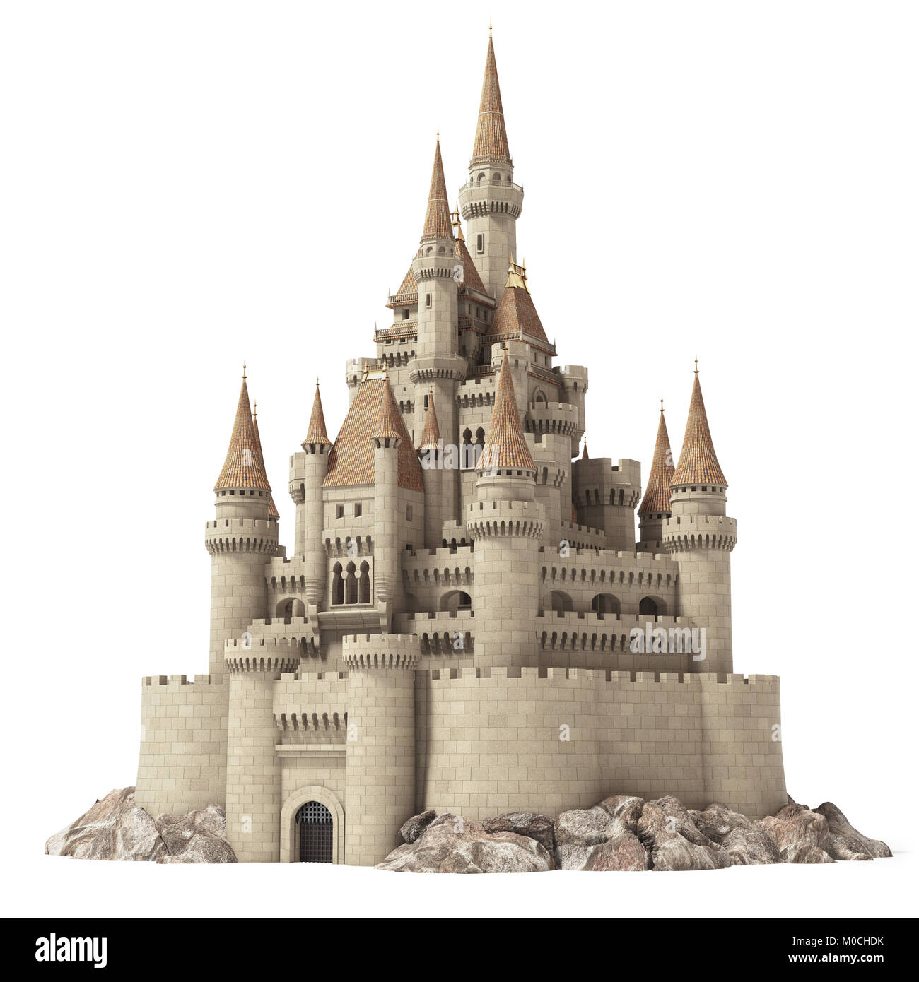 Old fairytale castle on the hill isolated on white. 3d illustration. Stock Photo