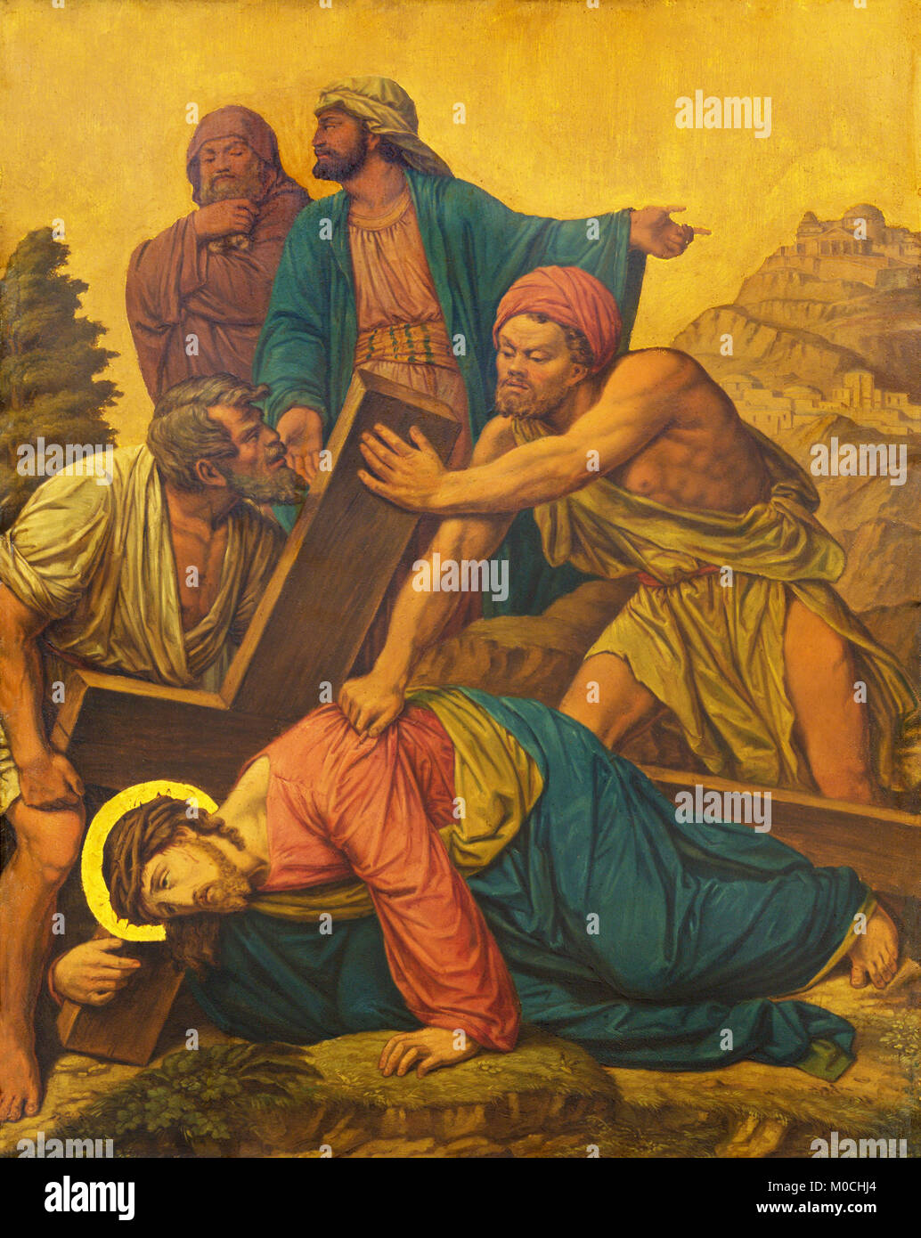 LONDON, GREAT BRITAIN - SEPTEMBER 17, 2017: The painting Jesus fall under the cross as the Station of the Cross in church of St. James Spanish Place Stock Photo