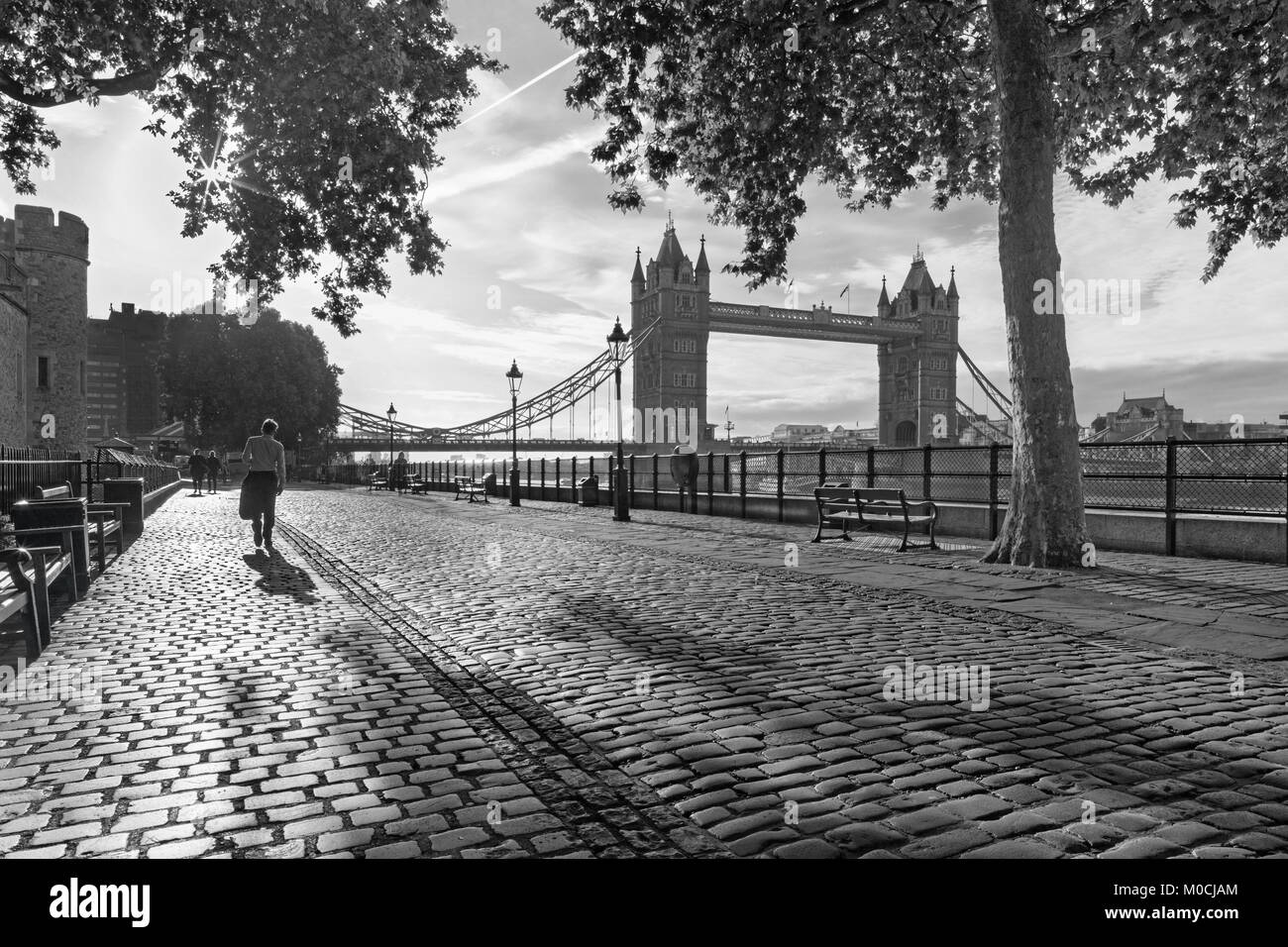London - The  promenade and Tower bridge in morning light. Stock Photo