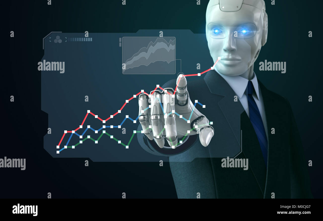 Robot in suit touching a chart on screen. 3D illustration Stock Photo