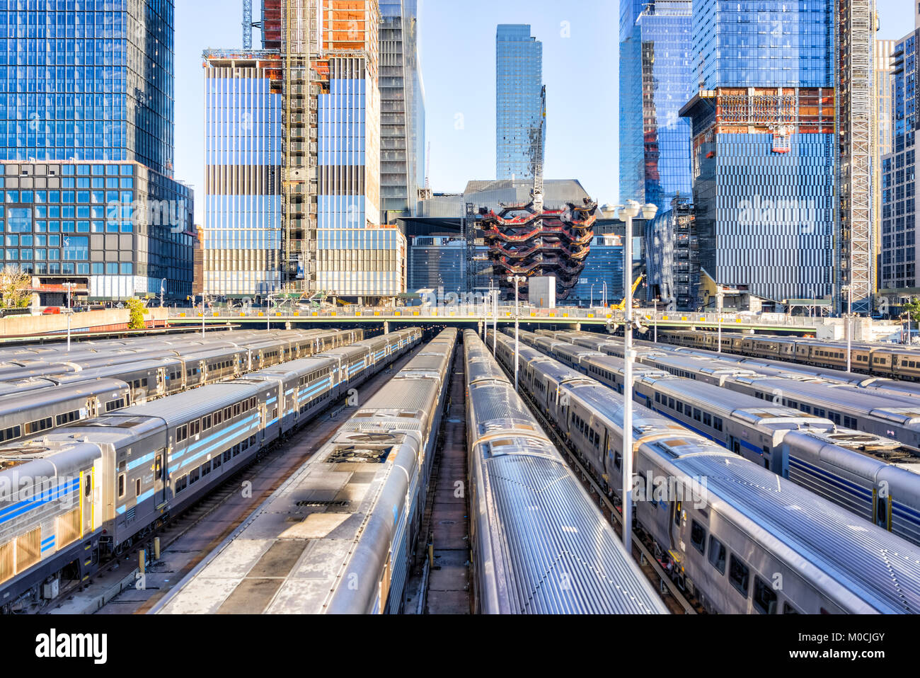 New York City, USA - October 27, 2017: Aerial view of Hudson Yards train depot, building development, High Line, NYC Stock Photo