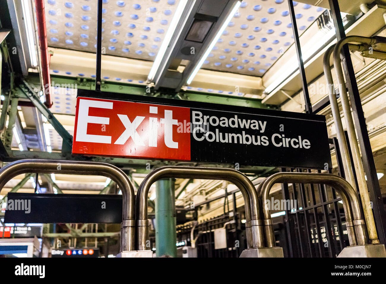 New York City, USA - October 28, 2017: Broadway Columbus Circle exit sign closeup in underground platform transit in NYC Subway Station Stock Photo