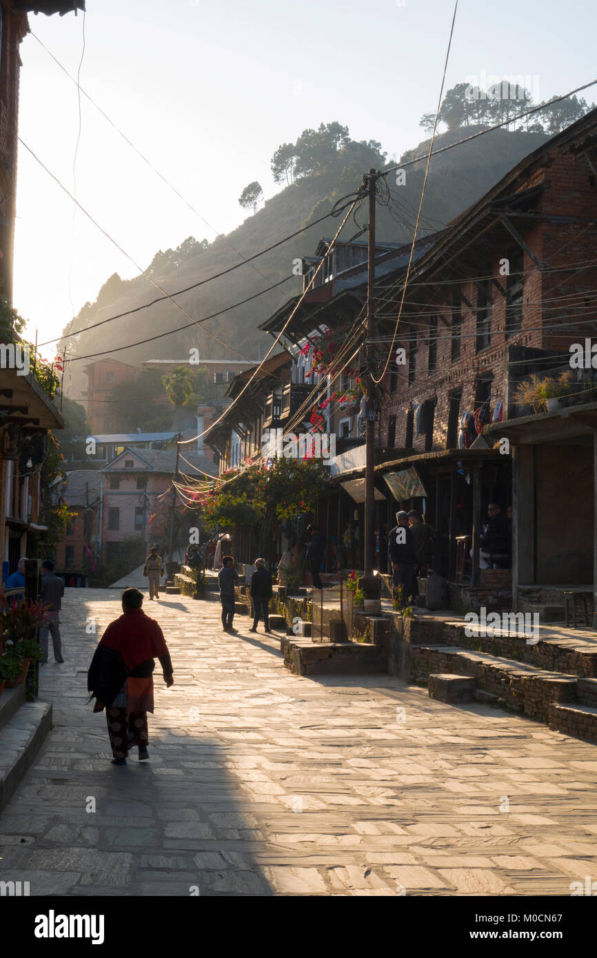 People in main pedestrian mall of Bandipur, Nepal Stock Photo