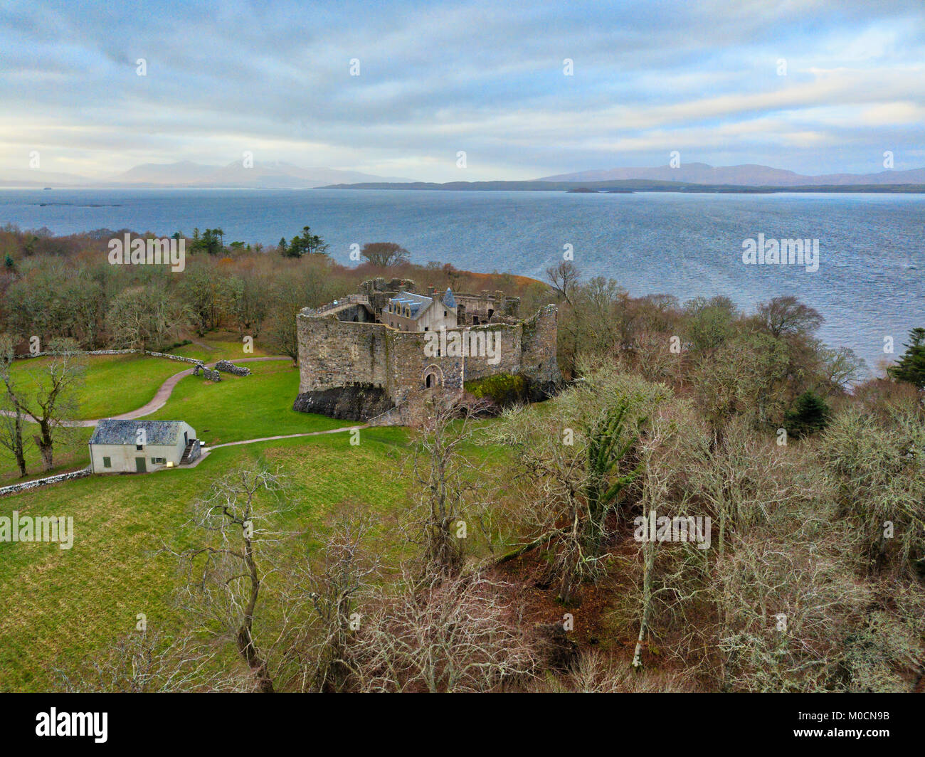 Aerial view of Dunstaffnage Castle near Oban, Scotland, UK Stock Photo