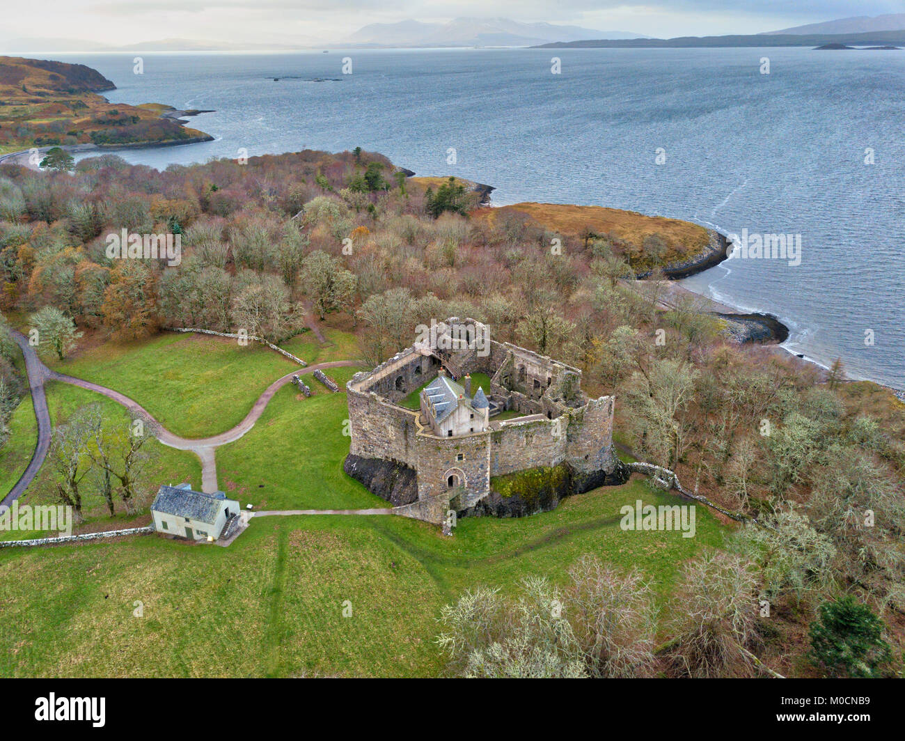 Aerial view of Dunstaffnage Castle near Oban, Scotland, UK Stock Photo