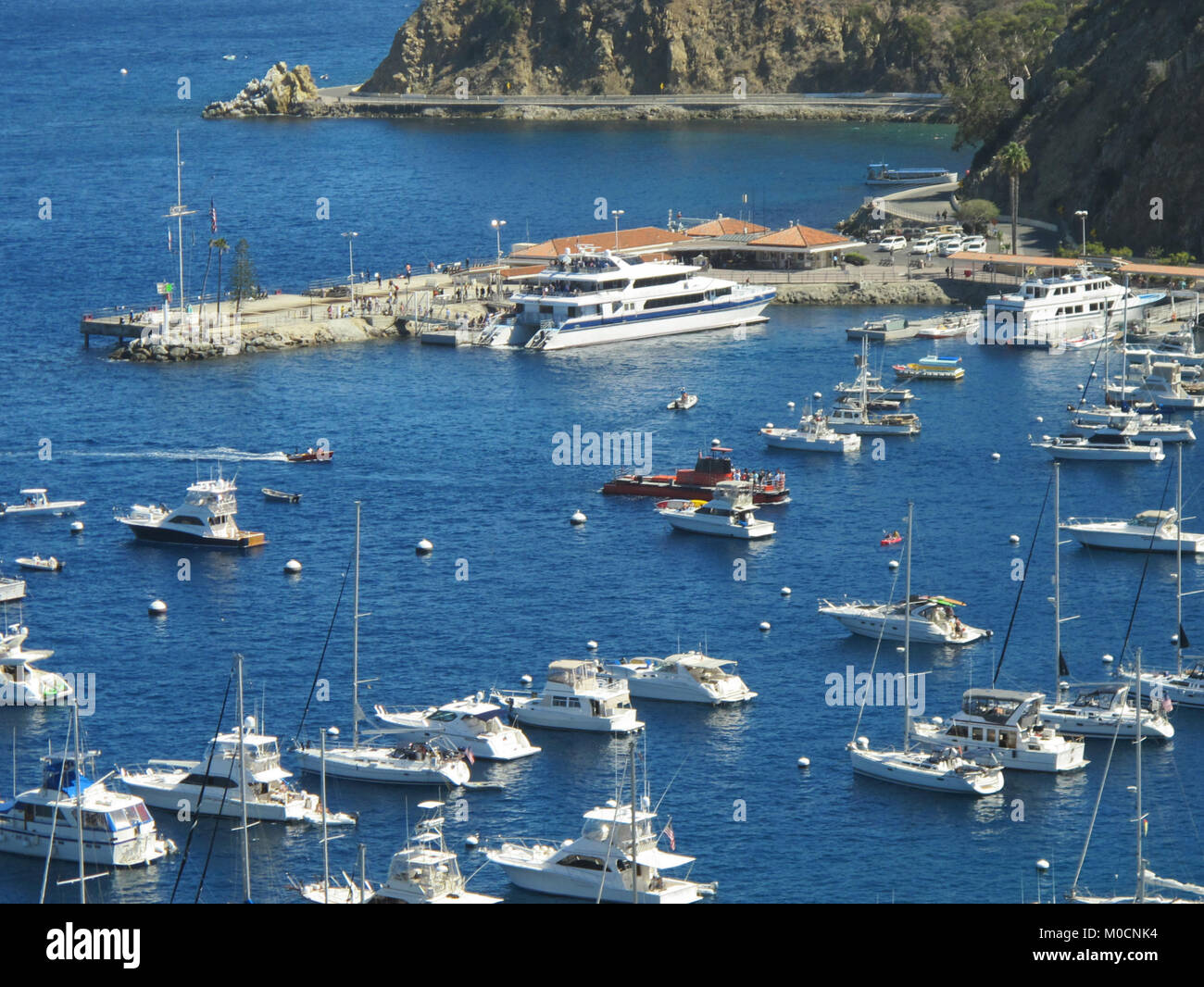 Many boats are moored in the port of Avalon Bay on Catalina Island, Channel Islands, California, USA. Stock Photo