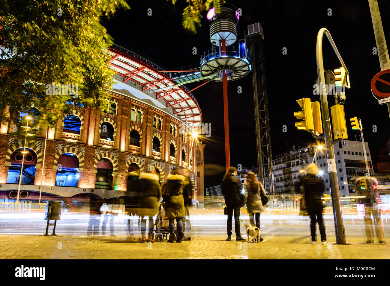 Night view of Las Arenas shopping centre, which was a former bullfighting ring in Plaza España, Barcelona, Catalonia, Spain. Stock Photo