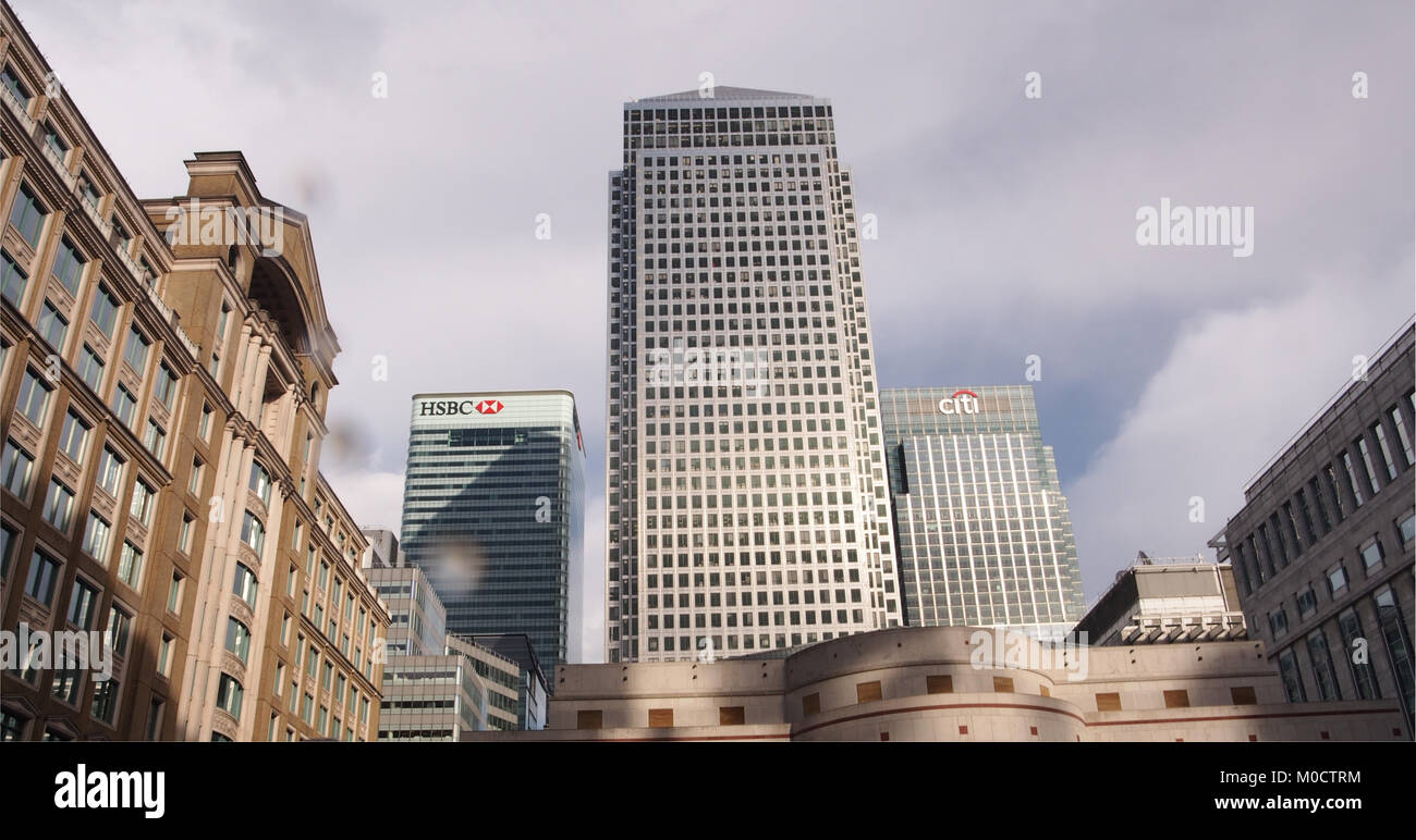 A wide angle view of many office buildings at the financial district, Canary Wharf, London Stock Photo
